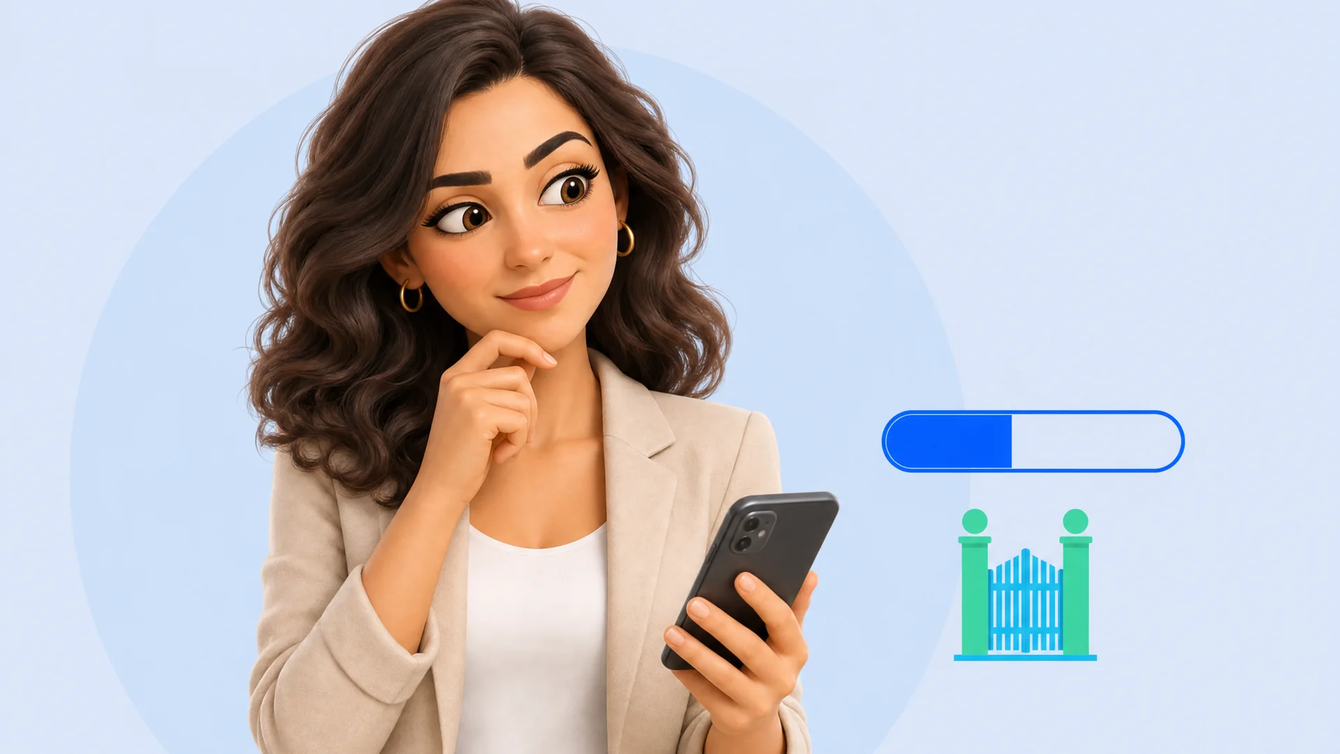 מתווכת מהורהרת מביטה בטלפון, לצד פס-התקדמות חלקי ושער - תקרה של פרסום חינמי