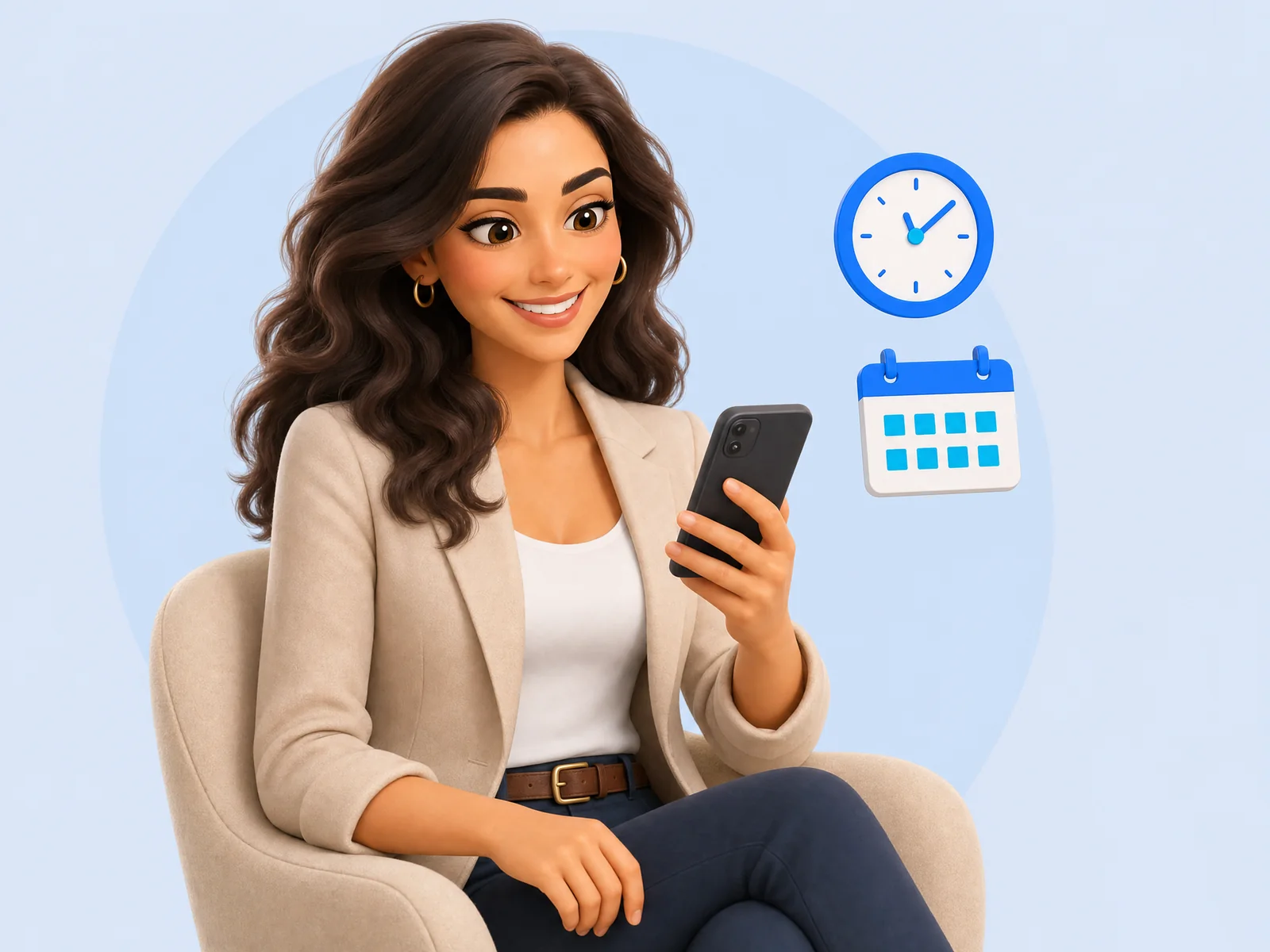 מתווכת רגועה בודקת את הטלפון שלה לצד סמלי שעון ולוח-שנה