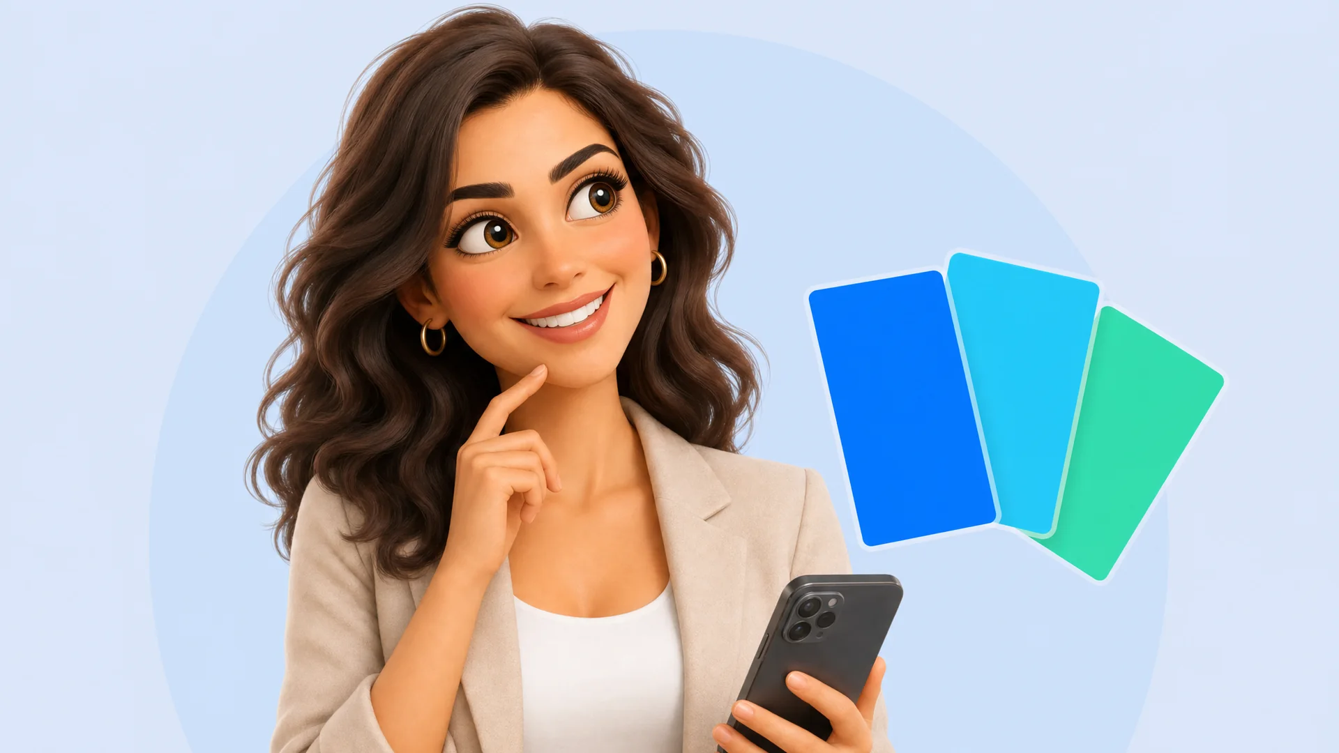 מתווכת מהורהרת מצביעה על כרטיסיות-ניסוח צבעוניות הנפתחות כמו מניפה
