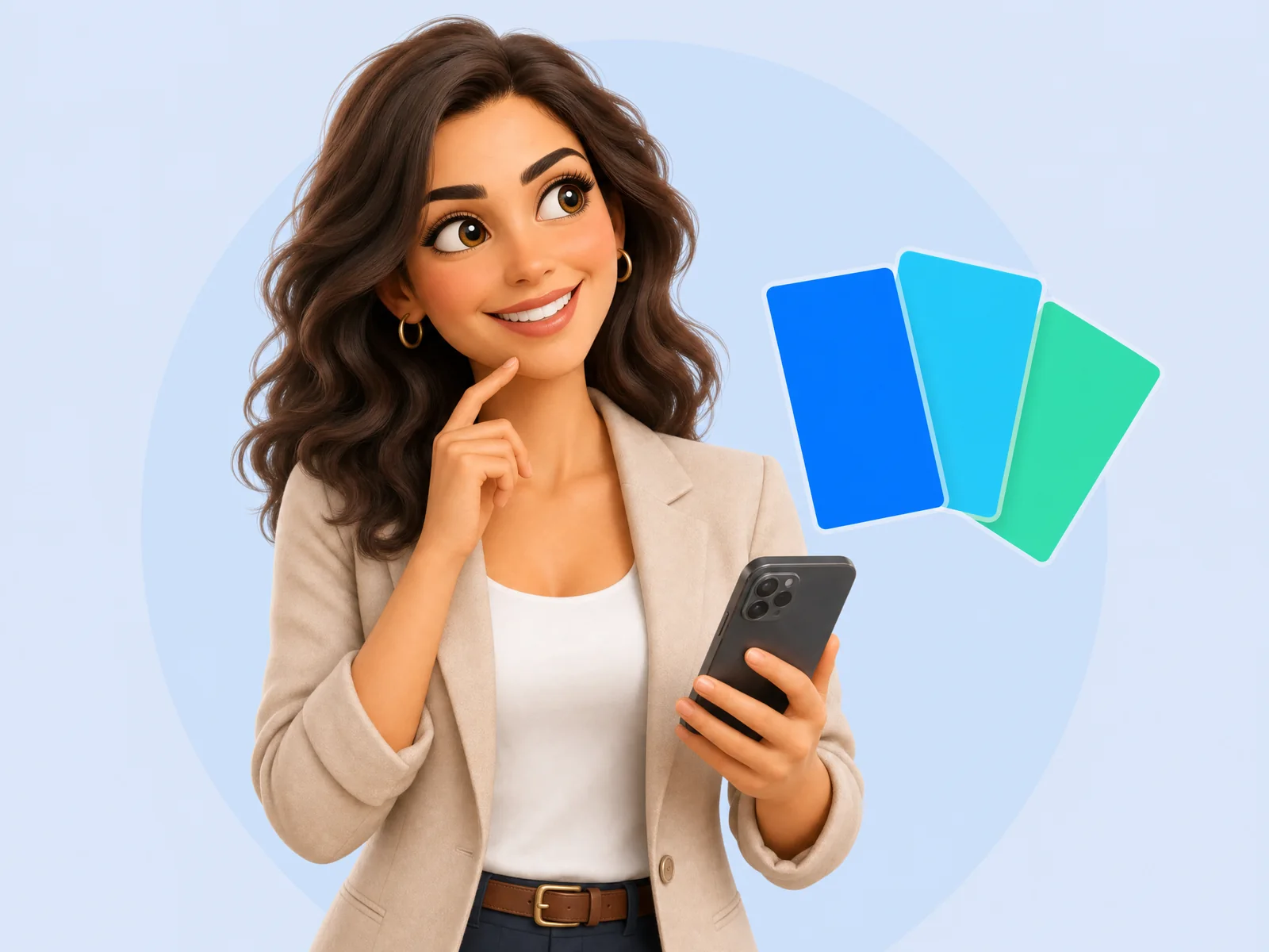 מתווכת מהורהרת מצביעה על כרטיסיות-ניסוח צבעוניות הנפתחות כמו מניפה