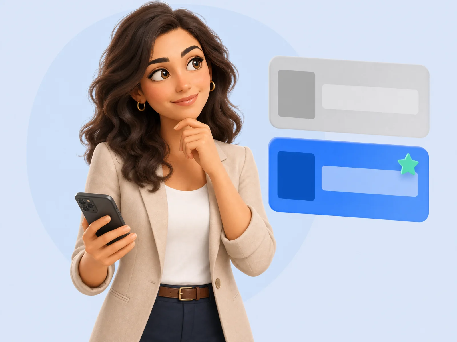 מתווכת מהורהרת בוחרת בין שני ריבועים מופשטים - אחד אפור ואחד כחול עם כוכב
