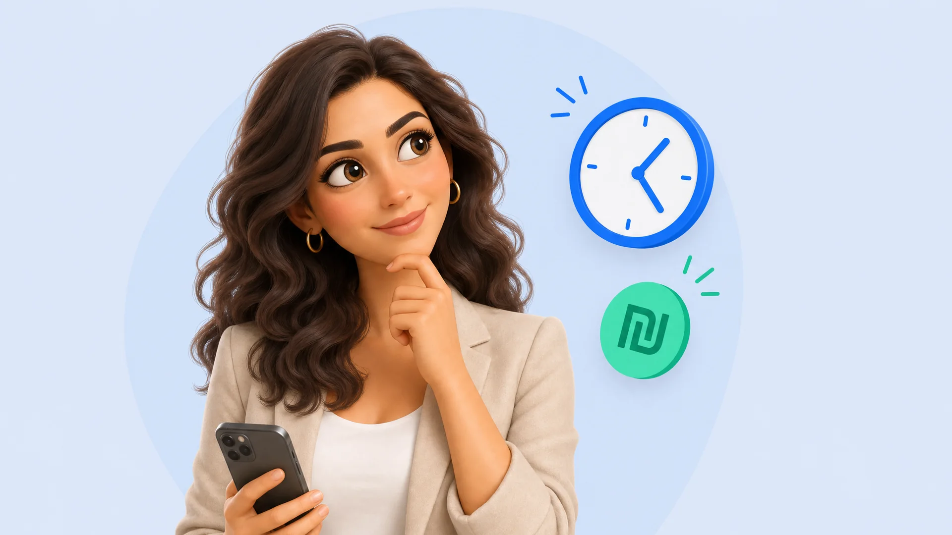 מתווכת מהורהרת עם טלפון, לצד שעון וסמל שקל - כמה זמן זה לוקח וכמה זה עולה